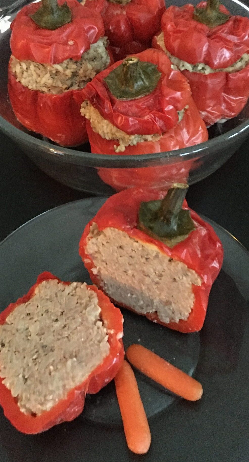 Red Stuffed Peppers with Ground Meat, Mushrooms and Rice